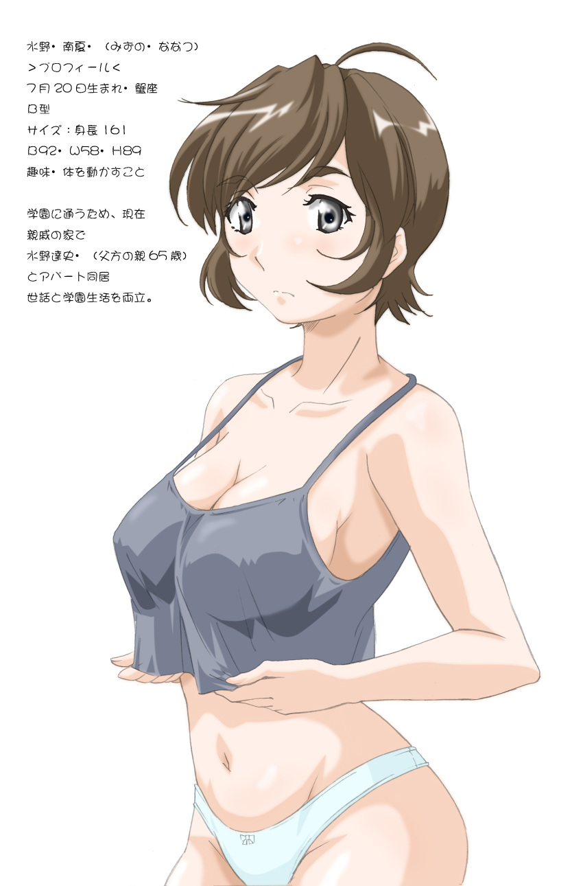 absurdres ahoge bad_id bad_pixiv_id blue_panties blush bow bow_panties breasts brown_hair character_name character_profile cleavage commentary covered_nipples female grey_eyes grey_tank_top highres kosokosomaru_(higashi_taishi) large_breasts looking_at_viewer mizuno_nanatsu navel original panties photoshop_(medium) short_hair simple_background solo strap_gap tank_top thick_eyebrows translated underwear white_background