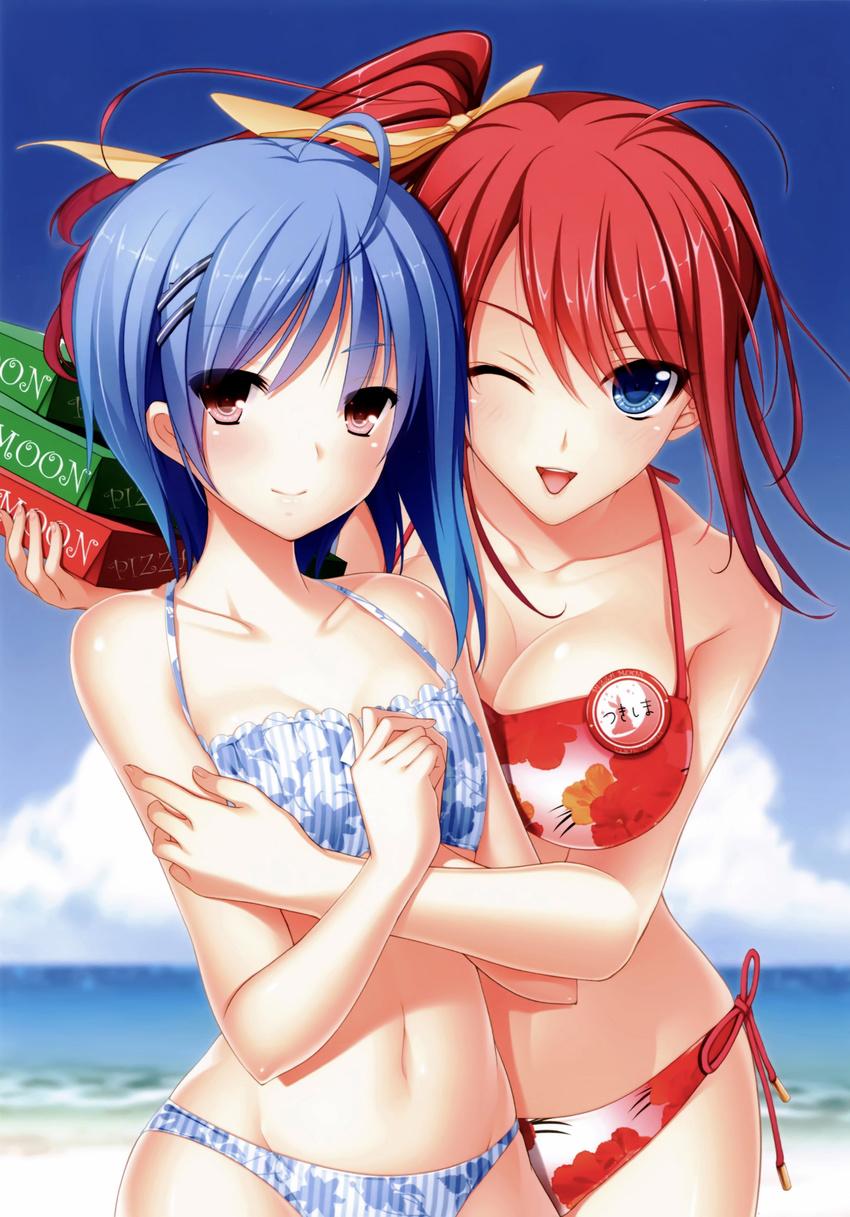 2girls absurdres ahoge akino_subaru beach bikini blue_bikini blue_eyes blue_hair blue_sky breasts cleavage cloud collarbone company_connection day floral_print hair_ornament hairclip hatsukoi_1/1 highres hoshi_ori_yume_mirai looking_at_viewer multiple_girls mutou_kurihito name_tag navel ocean one_eye_closed ousaka_sora outdoors photoshop_(medium) pizza_box print_bikini purple_eyes red_hair side-tie_bikini_bottom side_ponytail sky small_breasts smile striped_bikini striped_clothes swimsuit tone_work's tsukishima_kyou vertical-striped_bikini vertical-striped_clothes