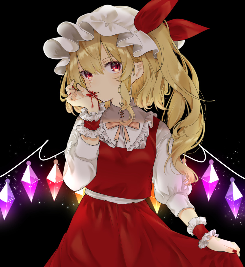 black_background blonde_hair blood blush bow bowtie commentary cowboy_shot crystal female flandre_scarlet glowing glowing_wings hat hat_ribbon highres licking licking_blood light_particles long_hair long_sleeves looking_at_viewer mob_cap nail_polish one_side_up orange_bow orange_bowtie red_eyes red_nails red_ribbon red_skirt ribbon shirt simple_background skirt skirt_hold skirt_set slit_pupils solo symbol-only_commentary tongue tongue_out touhou vampire white_shirt wings wrist_cuffs youtan