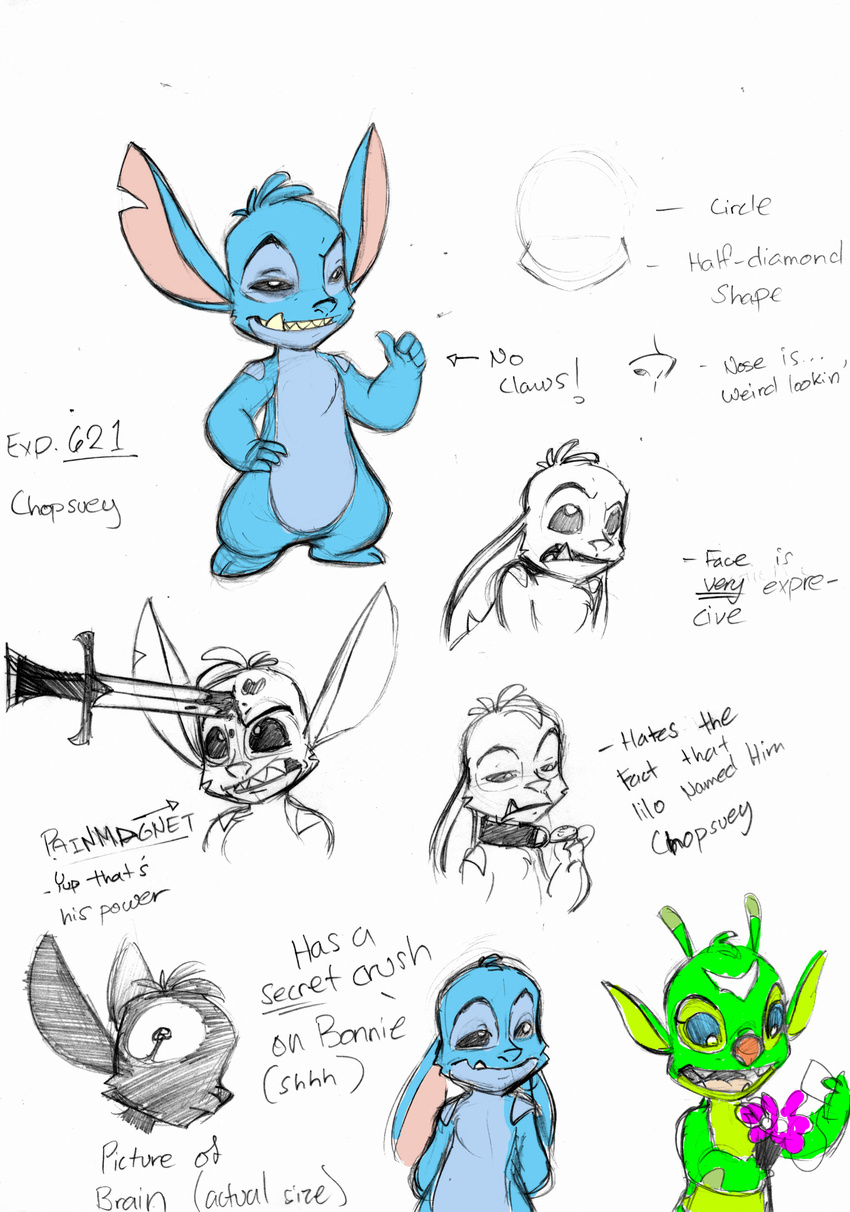 2007 4_fingers absurd_res alien antennae_(anatomy) arm_markings black_eyes blood blood_on_weapon blue_body blue_eyes blue_fur bodily_fluids bonnie_(lilo_and_stitch) bouquet chopsuey_(thex-plotion) collar dipstick_antennae disney dreamworks_smirk duo english_text experiment_(lilo_and_stitch) facial_markings fan_character fangs female fingers flower forehead_markings fur green_body green_fur grin head_markings head_tuft hi_res lilo_and_stitch male markings melee_weapon model_sheet multicolored_antennae notched_ear open_mouth open_smile orange_nose plant pose shoulder_markings simple_background smile solo_focus sword teeth text thex-plotion tuft weapon white_background