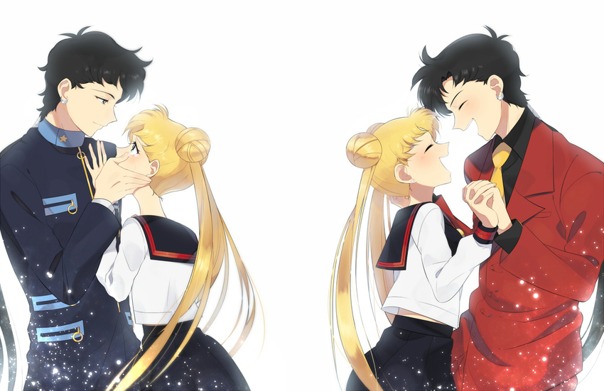 2girls androgynous bishoujo_senshi_sailor_moon bishoujo_senshi_sailor_moon_stars black_hair blonde_hair blue_sailor_collar commentary_request formal gakuran half-closed_eyes hand_on_another's_face happy interlocked_fingers juuban_high_school_uniform laughing long_hair looking_at_another low_ponytail multiple_girls necktie petagon ponytail profile reverse_trap sailor_collar school_uniform seiya_kou serafuku suit tears tsukino_usagi twintails very_long_hair white_background wiping_tears