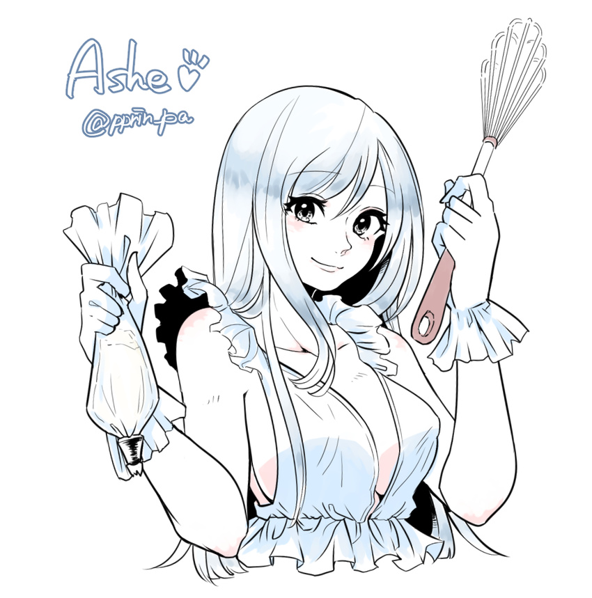 ashe_(league_of_legends) breasts cleavage commentary_request dress female frills gloves icing large_breasts league_of_legends otani_(kota12ro08) sideboob smile solo whisk