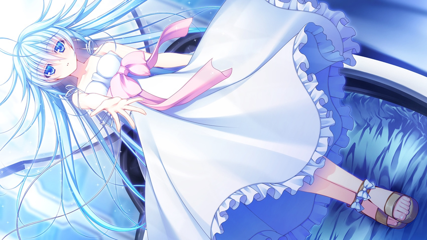 16:9 asami_asami azurite blue_eyes blue_hair collarbone dress female female game_cg long_hair re:birth_colony sandals solo