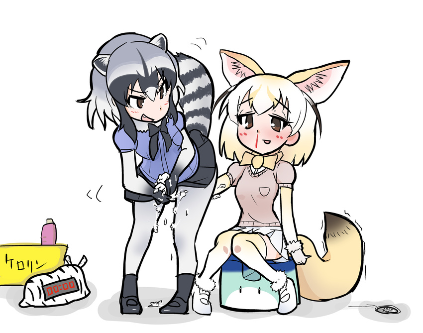 2girls absurdres animal_ears animal_print between_thighs black_hair blonde_hair blood blush bow bowtie brown_eyes commentary_request common_raccoon_(kemono_friends) female_pervert fennec_(kemono_friends) fox_ears fox_tail gloves highres kemono_friends kerorin_(brand) lucky_beast_(kemono_friends) multicolored_hair multiple_girls nosebleed open_mouth pervert plains_zebra_(kemono_friends) raccoon_ears raccoon_tail rogubo savanna_striped_giant_slug_(kemono_friends) short_hair short_sleeves skirt smile soapland tail translated washing_hands zebra_ears zebra_print