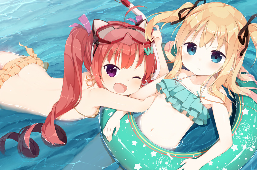 2girls :< ;d bikini blonde_hair blue_eyes borrowed_character breasts butt_crack character_print collarbone commentary_request goggles goggles_on_head hair_ornament hair_ribbon hairclip hazuki_watora highres innertube long_hair looking_at_viewer lying mikane_sebiri minazuki_sarami muku_(muku-coffee) multiple_girls navel oerba_yun_fang on_stomach one_eye_closed open_mouth original partially_submerged polka_dot_innertube print_innertube red_eyes red_hair ribbon shimotsuki_potofu small_breasts smile starfish_print swim_ring swimsuit twintails two_side_up water