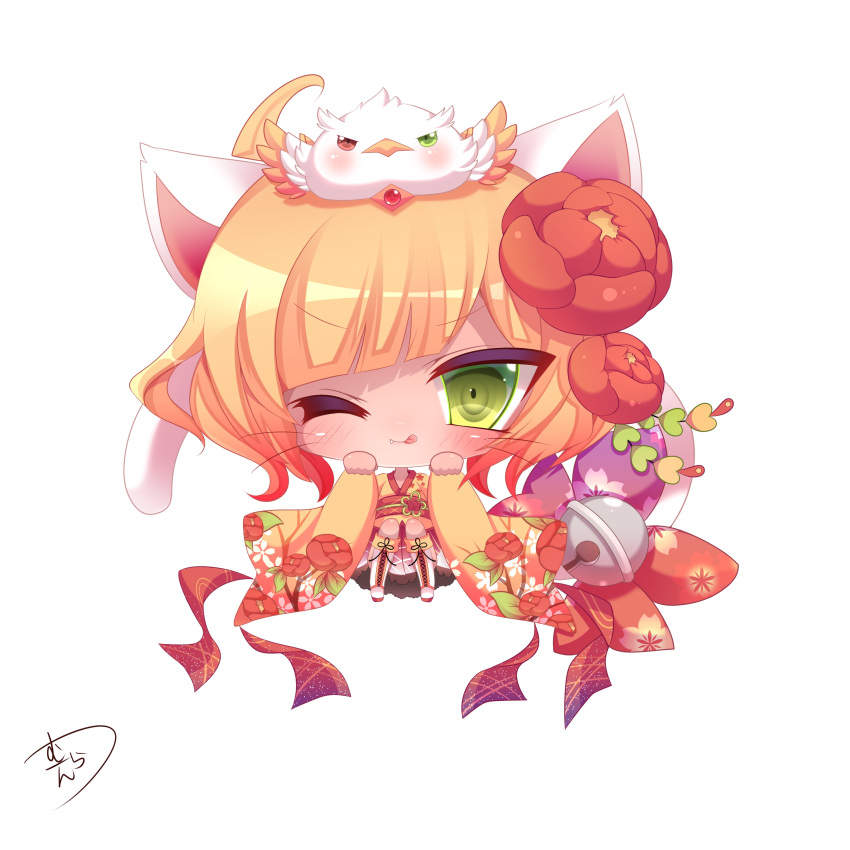 ;d absurdres ahoge animal animal_ears animal_on_head bad_id bad_pixiv_id bell big_head bird bird_on_head blonde_hair blush boots bow cat_ears cat_girl cat_tail charlotte_(shironeko_project) chibi closed_mouth commentary_request cross-laced_footwear diagonal_bangs fang_out female floral_print flower gradient_hair green_eyes hair_flower hair_ornament heterochromia highres japanese_clothes jingle_bell kimono knee_boots lace-up_boots long_sleeves looking_at_viewer multicolored_hair muuran obi oerba_yun_fang on_head one_eye_closed open_mouth orange_kimono pleated_skirt print_bow print_kimono purple_bow red_bow red_eyes red_flower red_hair red_skirt sash shironeko_project short_kimono sitting skirt smile solo tail tail_bell tail_bow tail_ornament whiskers white_footwear wide_sleeves