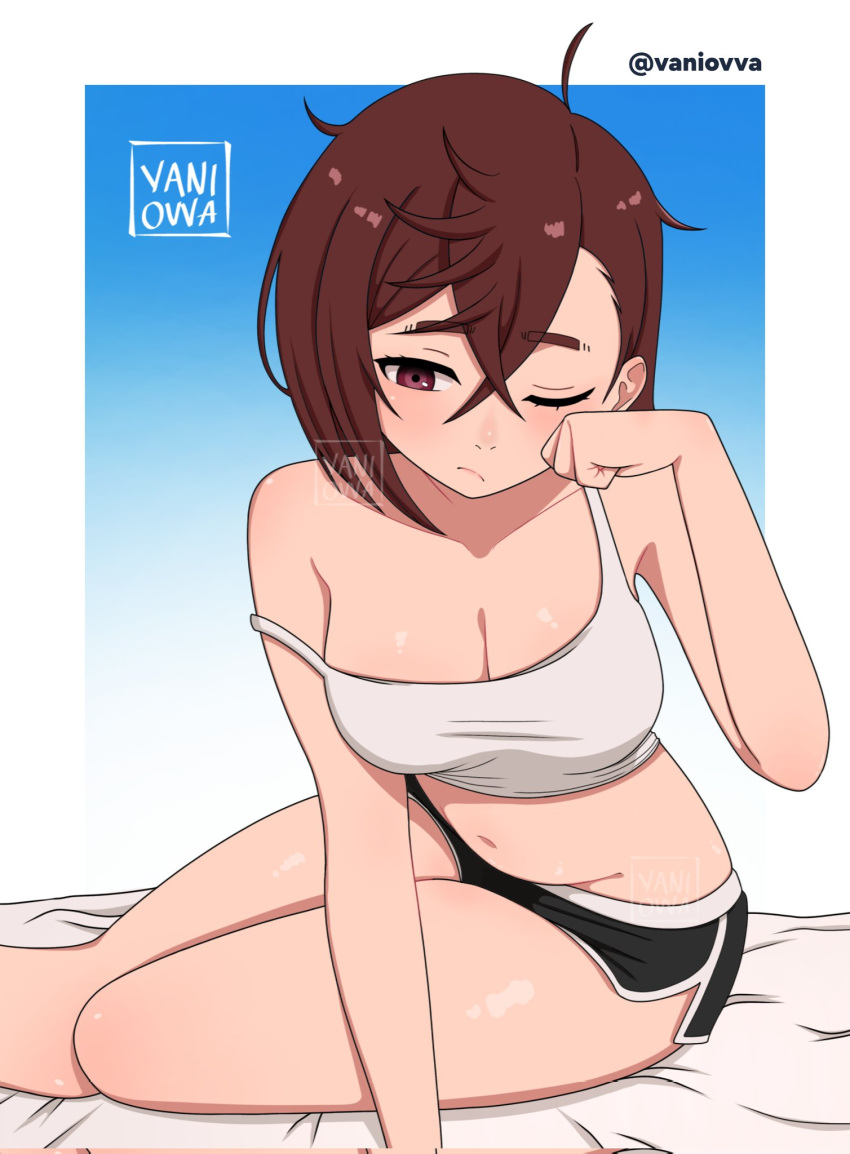 artist_name ayase_momo bare_arms bare_legs bare_shoulders bed_sheet black_shorts border breasts brown_eyes brown_hair cleavage closed_mouth collarbone commentary crop_top dandadan dolphin_shorts feet_out_of_frame female gradient_background hair_behind_ear highres light_blush medium_breasts messy_hair midriff navel one_eye_closed outside_border short_hair shorts sitting solo strap_slip tank_top thick_eyebrows thighs twitter_username vaniovva waking_up white_border white_tank_top yokozuwari