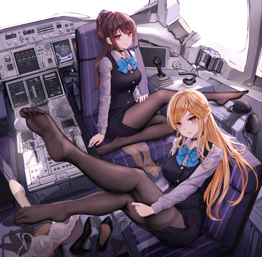 2girls aircraft airplane airplane_interior black_hair blonde_hair employee_uniform feet feet_up flight_attendant highres jet_airliner legs_up long_hair long_sleeves looking_at_viewer multiple_girls necktie original panty_&_stocking_with_garterbelt pantyhose pencil_skirt ponytail purple_eyes skirt skirt_suit soles suit travel_attendant yellow_eyes yuzuriha_(atelier_liang)