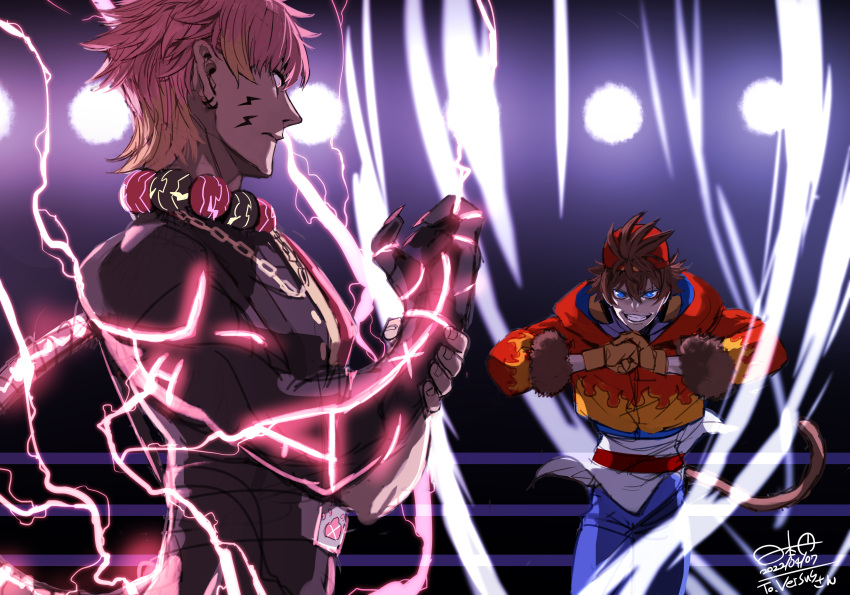 2boys absurdres backwards_hat blue_eyes brown_hair claws commission dated faceoff gloves hat highres hinomoto_madoka imminent_fight jacket lightning lightning_bolt_symbol multiple_boys orange_gloves orange_jacket original pink_hair signature skeb_commission tail wrestling_ring