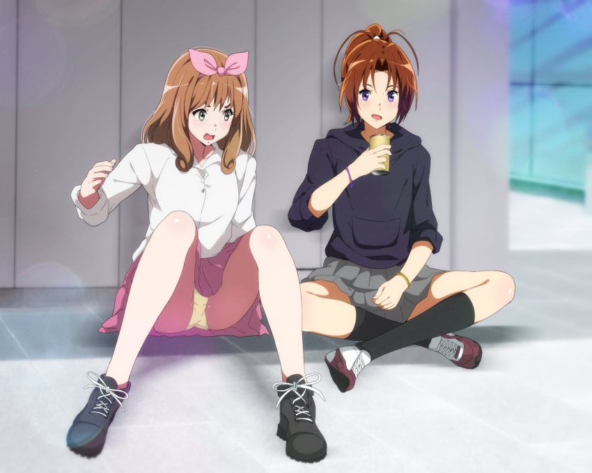 2girls arm_support black_footwear black_hoodie black_socks bracelet brown_hair can collared_shirt grey_skirt hair_over_shoulder hibike!_euphonium highres holding holding_can hood hood_down hoodie jewelry long_hair long_sleeves multiple_girls nakagawa_natsuki open_mouth panties pantyshot pink_skirt pleated_skirt ponytail purple_eyes sbel02 shirt shoes sitting skirt sneakers socks underwear white_footwear white_shirt yellow_panties yoshikawa_yuuko