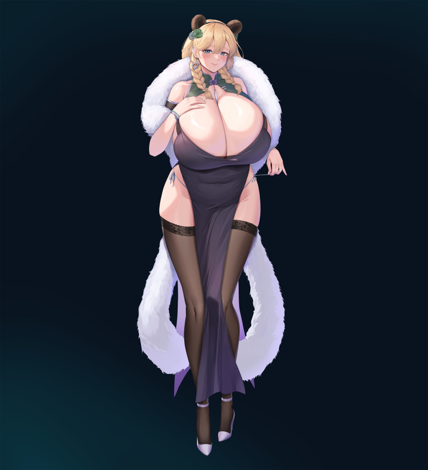 absurdres animal_ears bare_shoulders bear_ears bear_girl blonde_hair blue_background blue_eyes blush bracelet braid breasts brown_thighhighs cccco cleavage commentary covered_navel dress ear_piercing earrings evening_gown extra_ears female flower frigga_(last_origin) fur_shawl gigantic_breasts gradient_background green_flower grey_flower groin hair_flower hair_ornament hand_on_own_chest hand_up highleg highleg_dress highres jewelry lace-trimmed_thighhighs lace_trim last_origin long_dress long_hair looking_at_viewer mole mole_under_mouth off-shoulder_dress off_shoulder panty_straps panty_tug piercing purple_dress purple_footwear shawl shoes side_slit sideboob skindentation sleeveless sleeveless_dress smile solo standing thighhighs twin_braids two-tone_dress