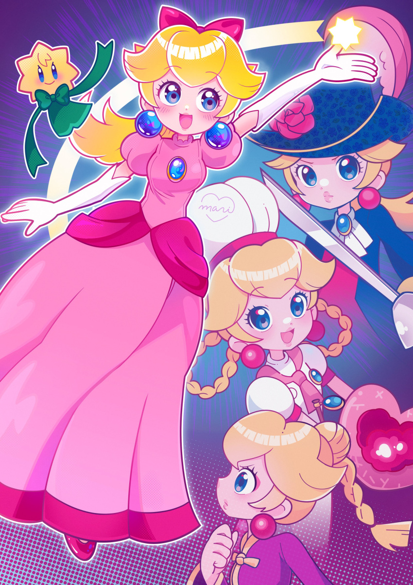 absurdres blonde_hair blue_eyes chef_hat chinese_clothes cookie earrings english_commentary food hat highres holding holding_cookie holding_food holding_sword holding_weapon jewelry kung_fu_peach marikyuunn mario_(series) multiple_persona patissiere_peach princess_peach princess_peach:_showtime! stella_(peach) sword swordfighter_peach weapon