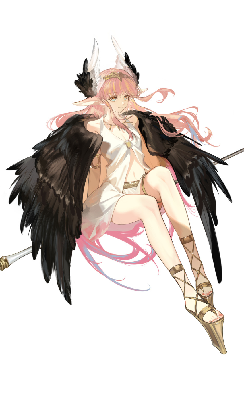 absurdres arlizi armlet bare_legs bare_shoulders black_wings blue_eyes circe_(fate) closed_mouth cross-laced_sandals fate/grand_order fate_(series) feathered_wings female full_body gold_footwear gold_tiara gradient_hair highres holding holding_staff jewelry long_hair looking_at_viewer multicolored_hair nail_polish navel necklace pink_eyes pink_hair pink_nails platform_footwear pointy_ears sandals shirt simple_background sitting sitting_on_hair skirt sleeveless sleeveless_shirt smile solo staff tiara toenail_polish toenails toes two-tone_eyes white_background white_shirt white_skirt wing_hair_ornament wings