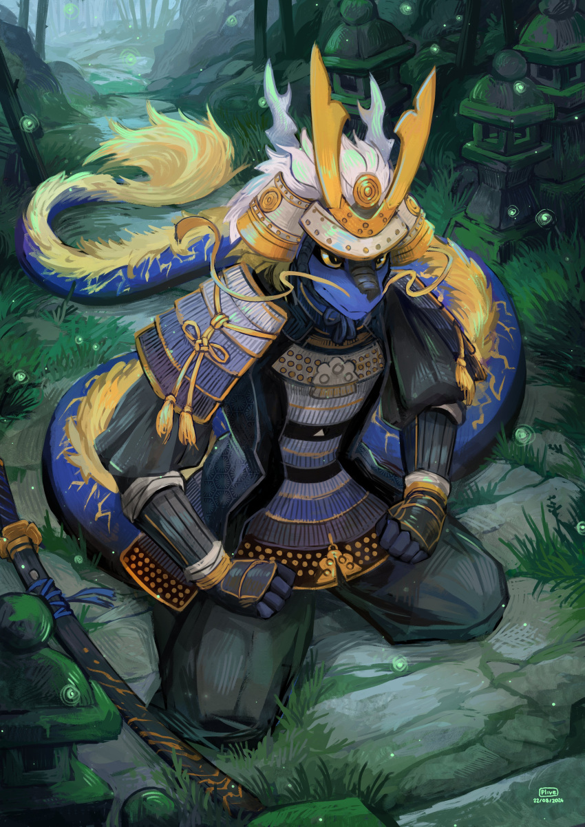 absurd_res anthro armor asian_clothing asian_mythology clothing dragon east_asian_clothing east_asian_mythology eastern_dragon hi_res japanese_clothing japanese_mythology katana kneeling kneeling_on_ground long_tail looking_at_viewer male melee_weapon muscular muscular_anthro muscular_male mythological_creature mythological_scalie mythology outside plive samurai scalie solo sword tail warrior weapon