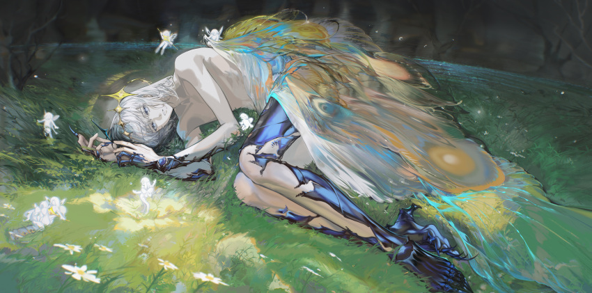 1boy absurdres arlizi arthropod_limbs bishounen black_hair blue_eyes blurry collarbone crown daisy depth_of_field eyelashes fairy fairy_wings fate/grand_order fate_(series) flower full_body gradient_hair grass grey_hair hair_between_eyes highres insect_wings looking_up lying male_focus multicolored_hair nude oberon_(fate) oberon_(third_ascension)_(fate) on_side outdoors pale_skin parted_lips short_hair sideways solo_focus spoilers transformation wings