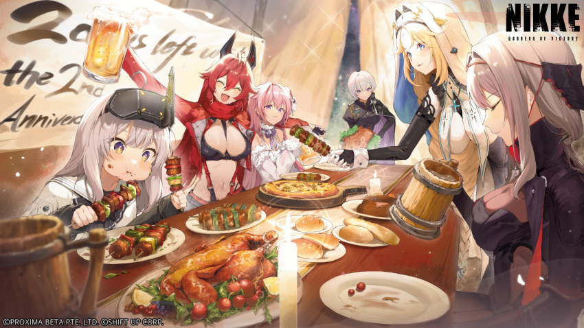 6+girls absurdres alcohol beer black_gloves blonde_hair blue_eyes breasts candle closed_eyes closed_mouth countdown dorothy_(nikke) dress eating english_commentary feast fire food food_in_mouth food_on_face gloves goddess_of_victory:_nikke goggles goggles_on_head headpiece highres indoors jacket kebab large_breasts liliweiss_(nikke) long_hair long_sleeves looking_at_another medium_hair multiple_girls official_art pink_hair plate purple_eyes rapunzel_(nikke) rapunzel_(pure_grace)_(nikke) red_hair red_hood_(nikke) red_jacket scarlet_(black_shadow)_(nikke) scarlet_(nikke) second-party_source smile snow_white_(nikke) table white_dress white_hair white_jacket youguo_naberu