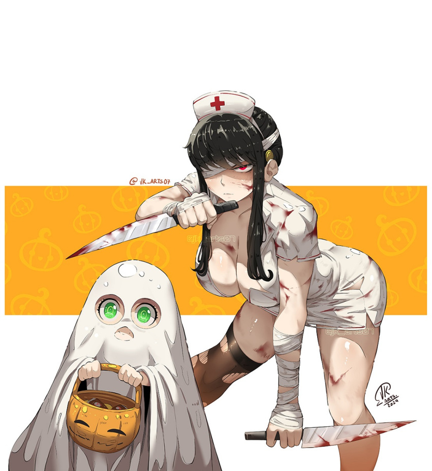 2girls anya_(spy_x_family) bandaged_arm bandages black_hair black_thighhighs blood blood_on_clothes blood_on_face blood_on_weapon breasts cosplay dress dual_wielding ghost_costume green_eyes halloween_bucket halloween_costume hat highres holding holding_knife jk_arts knife large_breasts multiple_girls nurse nurse_(silent_hill) nurse_cap red_eyes silent_hill_(series) single_thighhigh spy_x_family thighhighs torn_clothes torn_thighhighs weapon white_dress yor_briar