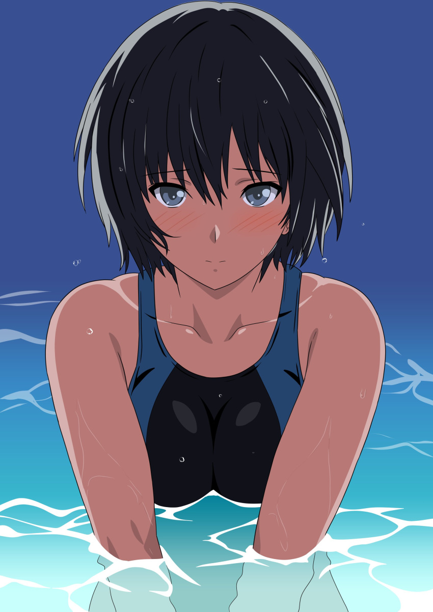 absurdres amagami bare_shoulders black_hair black_one-piece_swimsuit blue_one-piece_swimsuit blush breasts breasts_squeezed_together closed_mouth collarbone commentary competition_school_swimsuit competition_swimsuit dripping female gift_art grey_eyes hair_between_eyes highres looking_at_viewer medium_breasts nanasaki_ai one-piece_swimsuit own_hands_together partially_submerged raised_eyebrows school_swimsuit short_hair solo straight-on swimsuit tomboy upper_body v_arms water wet wet_hair yuuyuu_(3jjbn)