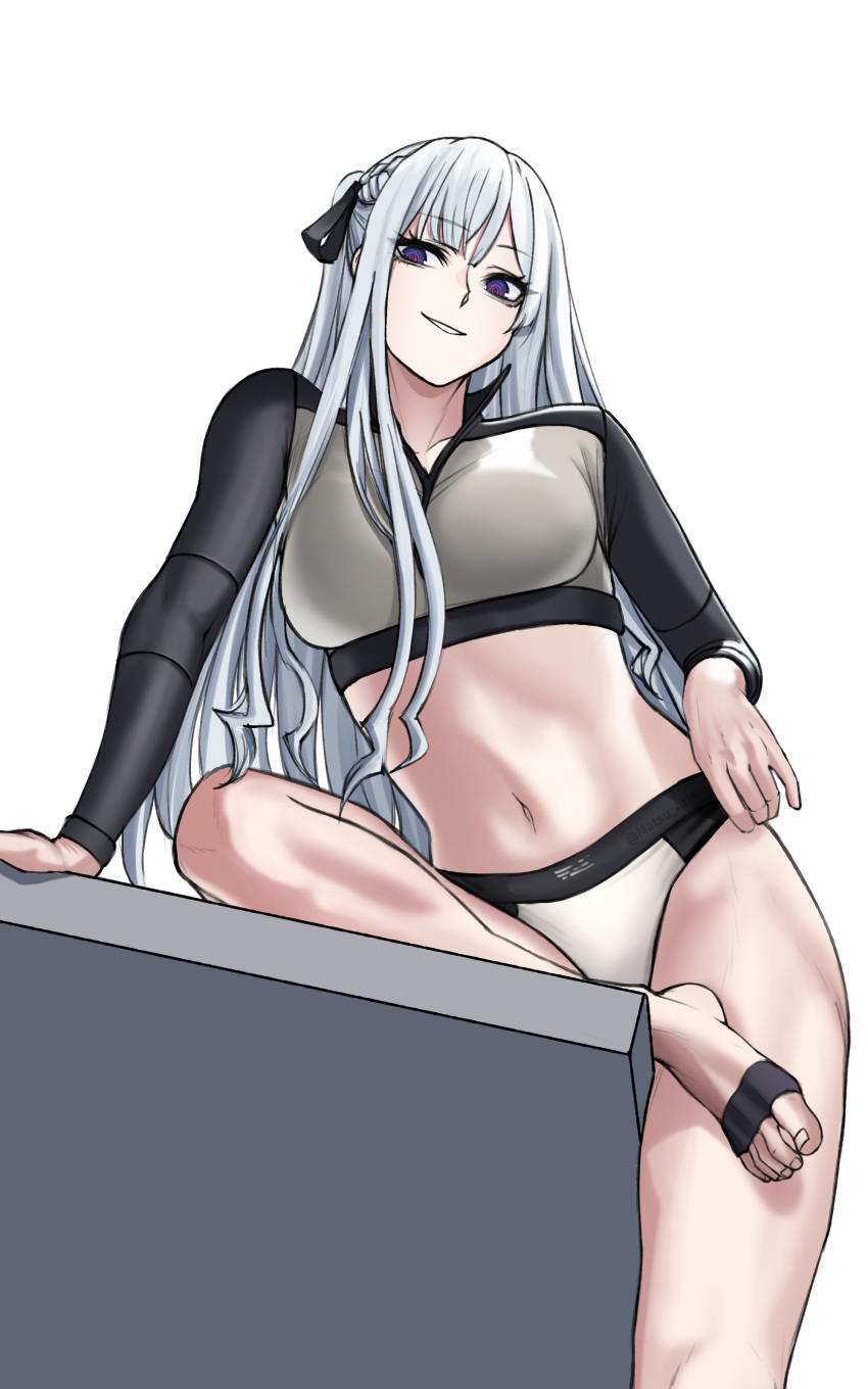 absurdres ak-12_(age_of_slushies)_(girls'_frontline) ak-12_(girls'_frontline) artificial_eye bikini braid breasts female from_below girls'_frontline grey_hair highres jacket large_breasts long_hair long_sleeves looking_at_viewer matsu_arts mechanical_eye navel official_alternate_costume purple_eyes ribbon silver_bikini sitting smile solo sports_bikini swimsuit unusually_open_eyes