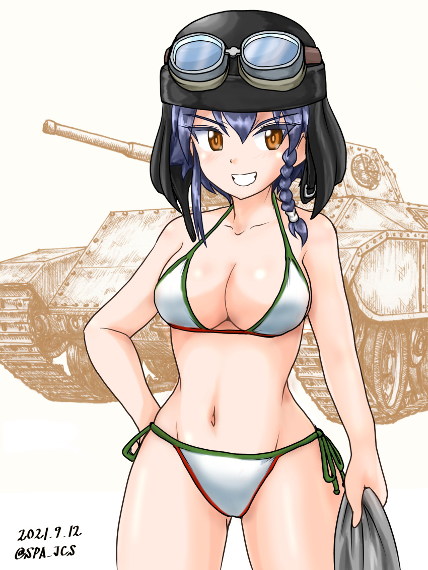 anzio_(emblem) bikini black_hair black_helmet braid breasts brown_eyes celere_sahariano cleavage commentary cowboy_shot dated emblem female girls_und_panzer goggles goggles_on_headwear grin groin hair_tie halterneck hand_on_own_hip helmet highres holding looking_at_viewer medium_breasts military_vehicle motor_vehicle navel nspa_(spa-jcs) pepperoni_(girls_und_panzer) short_hair side-tie_bikini_bottom side_braid smile solo standing swimsuit tank twitter_username white_bikini