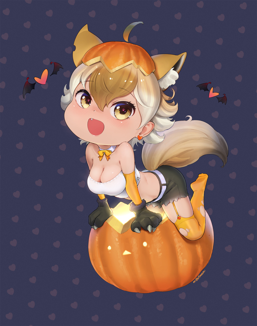 adapted_costume animal_ears animal_hands bare_shoulders beleven belt black_gloves black_shorts blonde_hair blush bow bowtie coyote_(kemono_friends) crop_top cutoffs detached_collar elbow_gloves extra_ears female garter_straps gloves hair_between_eyes halloween highres kemono_friends kemono_friends_v_project midriff multicolored_hair no_shoes oerba_yun_fang open_mouth orange_bow orange_bowtie orange_gloves orange_thighhighs paw_gloves pumpkin pumpkin_hat shirt short_shorts shorts sidelocks sleeveless solo tail thighhighs torn_clothes torn_thighhighs virtual_youtuber white_belt white_hair white_shirt wolf_ears wolf_girl wolf_tail yellow_eyes