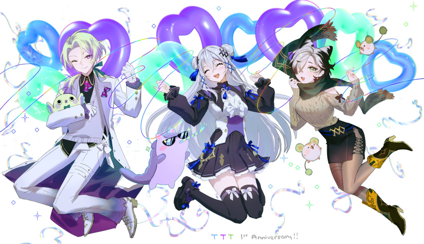 1boy 2girls :d absurdres anniversary balloon black_hair blonde_hair blush claude_clawmark confetti double_bun full_body green_eyes green_scarf grey_hair hair_between_eyes hair_bun hair_over_one_eye high_heels highres jumping kunai_nakasato long_hair long_sleeves looking_at_viewer milkuriem mole mole_under_mouth multicolored_hair multiple_girls nakarat_(kunai_nakasato) nijisanji nijisanji_en oerba_yun_fang off-shoulder_sweater off_shoulder one_eye_closed paladin_(victoria_brightshield) pantyhose party_horn pleated_skirt puffy_sleeves purple_eyes scarf short_hair side_slit skirt sleeves_past_wrists smile streaked_hair sweater sweater_vest thighhighs ttt_(nijisanji) victoria_brightshield virtual_youtuber white_hair