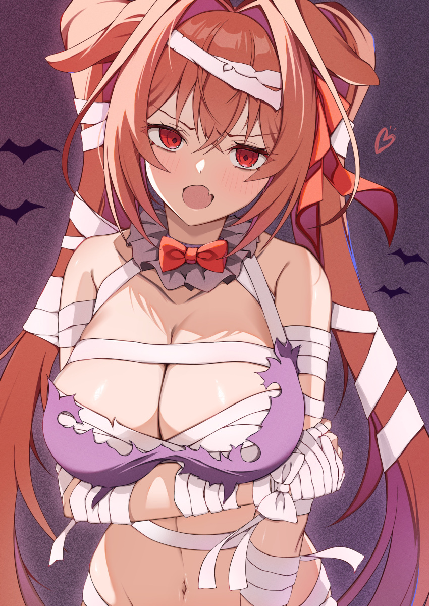 absurdres breasts brown_hair cleavage daiwa_scarlet_(umamusume) female halloween highres horse_girl large_breasts looking_at_viewer newon oerba_yun_fang open_mouth purple_background red_eyes skin_fang solo twintails umamusume