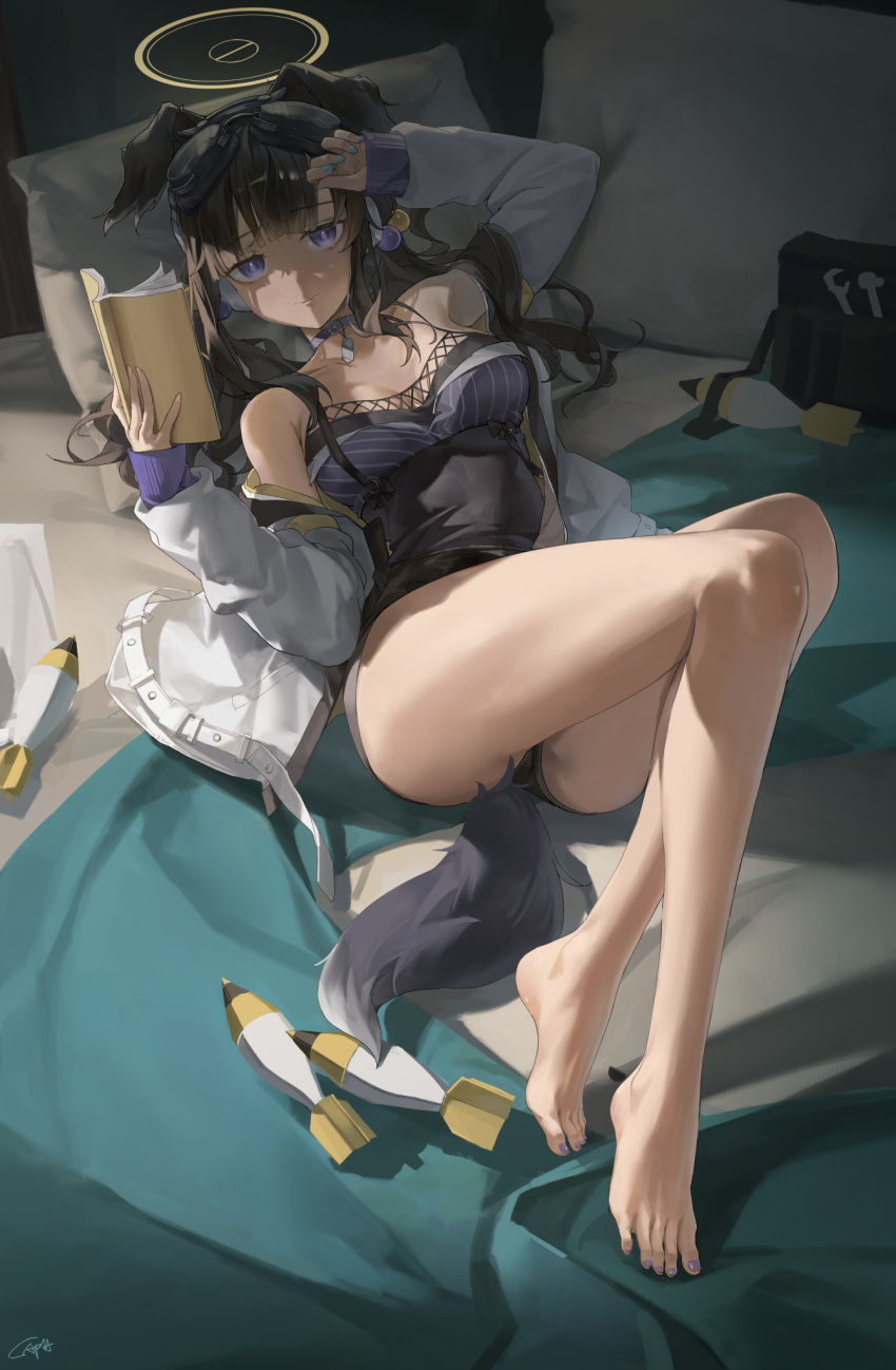 ammunition animal_ears arm_up bare_legs bare_shoulders barefoot black_hair blue_archive blue_nails blush breasts c_a_p_h camisole dog_ears dog_girl dog_tags dog_tail eyewear_on_head female full_body goggles goggles_on_head hair_bobbles hair_ornament halo hibiki_(blue_archive) highres holding indoors jacket long_hair long_sleeves looking_at_viewer lying medium_breasts mortar_shell off_shoulder on_back on_bed open_clothes purple_eyes purple_nails reading shorts smile solo tail thighs twintails yellow_halo