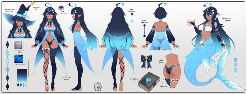 :3 :d a-pose absurdres ahoge asymmetrical_legwear black_bridal_gauntlets blue_eyes blue_hair blue_nails blue_scales blush book breasts bridal_gauntlets cleavage cleavage_cutout closed_mouth clothing_cutout color_guide commentary dark-skinned_female dark_skin english_commentary english_text feet female fins full_body gloves gradient_hair grey_background hair_between_eyes halterneck hat hat_ornament head_fins highleg highleg_panties highres indie_virtual_youtuber jewelry long_hair long_sleeves looking_at_viewer medium_breasts mermaid mole mole_on_stomach mole_on_thigh mole_under_eye monster_girl multicolored_hair multiple_moles multiple_views nail_polish navel necklace open_mouth panties pointy_ears print_bridal_gauntlets print_gloves print_headwear print_thighhighs reference_sheet renlay_renee_(vtuber) renlayrenee shell shell_bikini shell_hair_ornament shell_hat_ornament shoulder_blades simple_background smile starry_sky_print stirrup_legwear stomach straight-on streaked_hair swept_bangs thighhighs toeless_legwear toenail_polish toenails toes turnaround underwear very_long_hair virtual_youtuber witch_hat