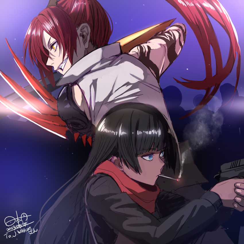 2girls absurdres black_hair black_shirt blue_eyes blunt_bangs breasts cigarette coat commission dark-skinned_female dark_skin dated duel grin gun handgun highres hinomoto_madoka holding holding_gun holding_weapon large_breasts long_hair multiple_girls multiple_views original ponytail red_hair scarf shirt signature skeb_commission smile spikes weapon white_coat yellow_eyes