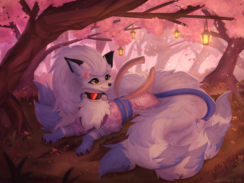 4:3 accessory alolan_form alolan_ninetales arm_tuft aurorasnowtales blue_body blue_fur blue_hair boulder canid canine cheek_tuft cherry_blossom clothed clothing collar costume digital_drawing_(artwork) digital_media_(artwork) digital_painting_(artwork) elbow_tuft facial_tuft female feral flower flower_in_hair fluffy fluffy_chest fluffy_ears fluffy_hair fluffy_tail forest forest_background fox fur generation_1_pokemon generation_7_pokemon grass green_eyes hair hair_accessory hi_res holowear_(pokemon) jewelry joeumbre lamp lantern light lighting long_hair looking_at_another lying mammal nature nature_background neck_tuft necklace ninetail ninetales nintendo on_front plant pokemon pokemon_(species) pokemon_unite prunus_(flower) regional_form_(pokemon) rock sacred_style_alolan_ninetales scut_tail shaded short_tail smile smiling_at_another solo tail tree tuft white_body white_fur