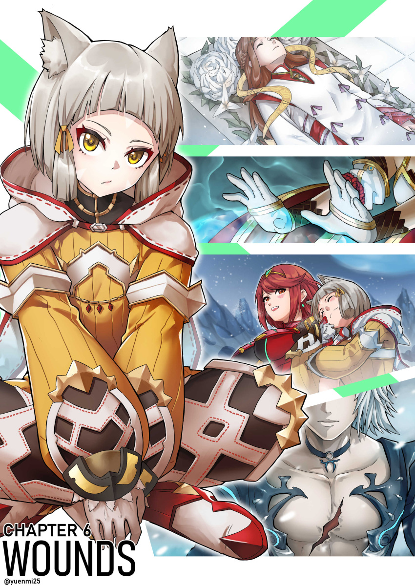 1boy 3girls absurdres blunt_tresses breasts brown_hair chapter_number fan_la_norne gloves grey_hair hagoromo hair_ribbon highres jin_(xenoblade) large_breasts multiple_girls muscular muscular_male nia_(xenoblade) pectorals pyra_(xenoblade) red_hair ribbon scar shawl swept_bangs tress_ribbon white_gloves white_hair xenoblade_chronicles_(series) xenoblade_chronicles_2 yellow_background you_nf