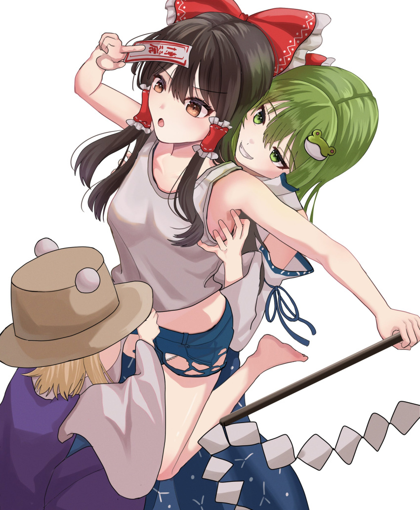 3girls :o absurdres bare_arms blonde_hair blue_shorts bow brown_eyes brown_hair brown_hat commentary_request dinotodon dress frilled_bow frilled_hair_tubes frills frog_hair_ornament gohei green_eyes green_hair grin hair_ornament hair_tubes hairbow hakurei_reimu hat highres holding_ofuda kochiya_sanae midriff moriya_suwako multiple_girls purple_dress red_bow shorts sidelocks smile tank_top touhou white_tank_top