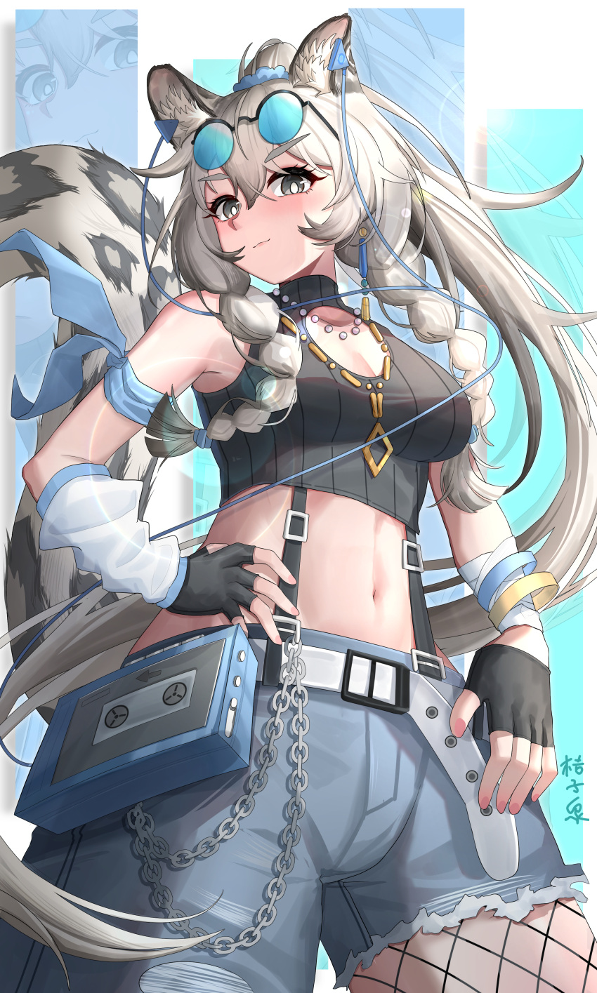 absurdres alternate_costume animal_ear_fluff animal_ears arknights arm_at_side armband armpits asymmetrical_clothes asymmetrical_pants bare_shoulders belt black_gloves black_hair blue-tinted_eyewear braid breasts bright_pupils cable cassette_player center_opening chains cleavage closed_mouth cowboy_shot crop_top earphones eyewear_on_head female fingerless_gloves fingernails fishnet_pantyhose fishnets gloves grey_eyes grey_hair hair_between_eyes hair_ornament hair_scrunchie hand_on_own_hip high_ponytail highres jewelry light_smile long_hair long_tail looking_at_viewer medium_breasts midriff multicolored_hair navel necklace orangeizumi pants pantyhose pantyhose_under_pants pearl_necklace pramanix_(arknights) round_eyewear scrunchie single_fishnet_legwear single_pantsleg sleeveless snow_leopard_ears snow_leopard_girl snow_leopard_tail solo stomach sunglasses suspenders tail tinted_eyewear turtleneck twin_braids two-tone_hair very_long_hair white_pupils