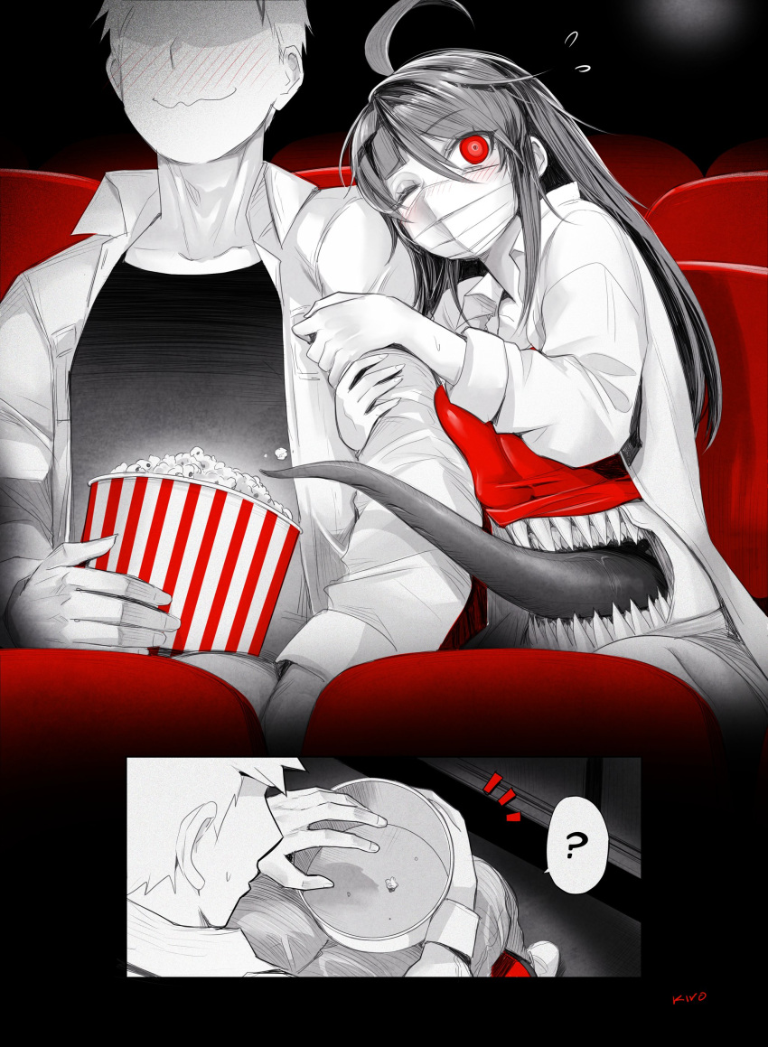 1boy ? absurdres ahoge arm_hug blush clothes_lift commentary couple english_commentary extra_mouth female food highres huge_ahoge indoors kivo limited_palette long_hair long_tongue looking_at_viewer mask mimi_(kivo) monster_girl mouth_mask movie_theater one_eye_closed original popcorn red_eyes red_shirt saliva sharp_teeth shirt shirt_lift sitting speech_bubble spoken_question_mark teeth tongue