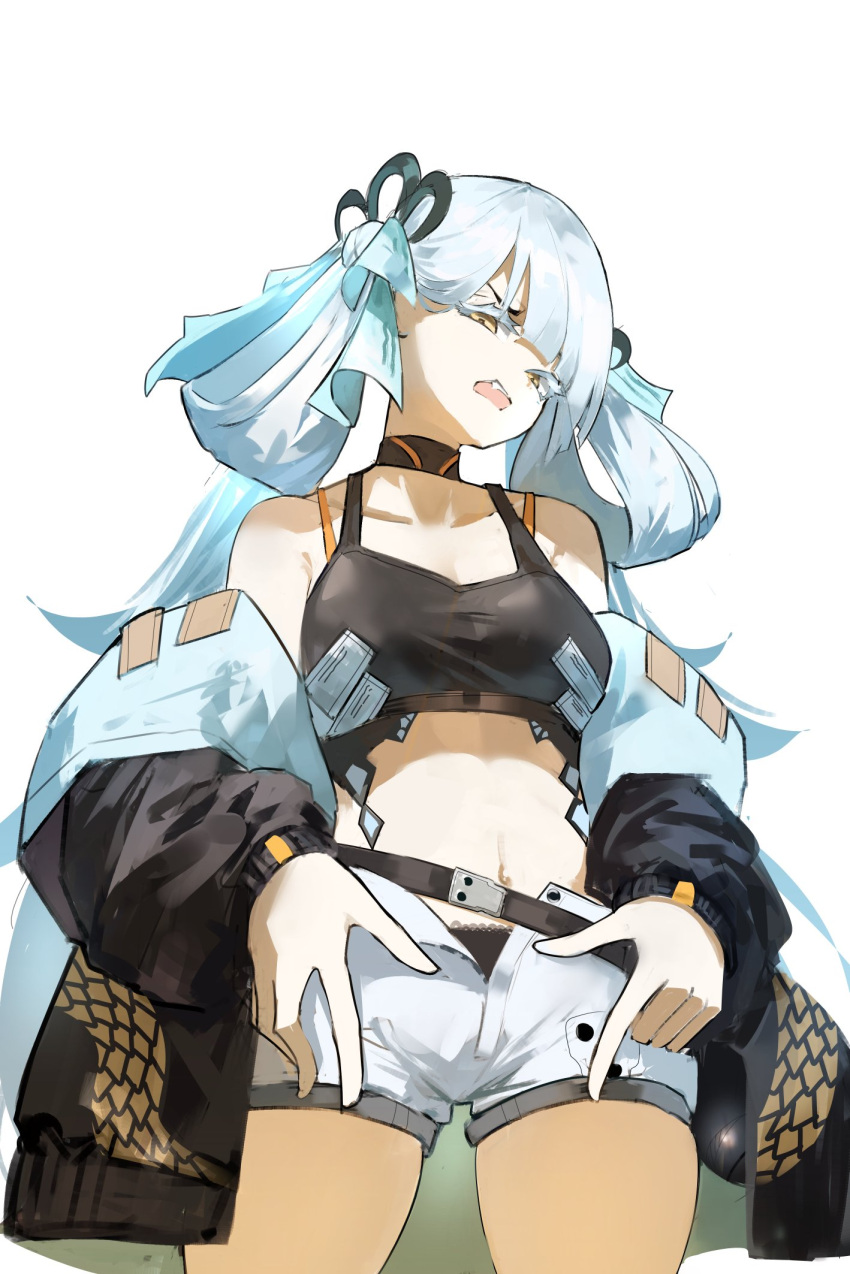 alternate_costume bare_shoulders black_choker black_jacket black_panties black_shirt bow breasts choker cleavage clothes_down collarbone commentary cowboy_shot crop_top disgust dragon_print female hairbow hand_on_own_hip highres jacket jinhsi_(wuthering_waves) lewdlily66 long_hair looking_at_viewer medium_breasts midriff navel open_fly panties panty_peek shirt shorts simple_background solo two_side_up underwear very_long_hair white_background white_bow white_eyelashes white_hair white_shorts wuthering_waves yellow_eyes