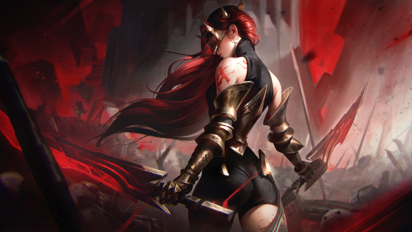 armor ass asymmetrical_legwear back_tattoo bare_shoulders battlefield black_shorts couter covered_eyes dual_wielding english_commentary female from_behind gauntlets glowing glowing_sword glowing_weapon highres holding holding_sword holding_weapon horns katarina_(league_of_legends) league_of_legends long_hair mask planted planted_sword red_hair shirt shorts shoulder_tattoo sleeveless sleeveless_shirt standing sword tattoo terrycantal vambraces weapon