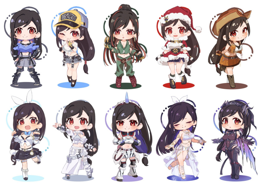 animal_ears baseball_cap bikini bikini_under_clothes black_hair bow breasts chibi chibi_only cosplay cowboy_hat crop_top fake_animal_ears fake_horns final_fantasy final_fantasy_vii final_fantasy_vii_ever_crisis hair_bun hairbow hat highres horned_headwear horns kirin_(armor) konbu7733 large_breasts long_hair looking_at_viewer miniskirt monster_hunter_(series) official_alternate_costume official_alternate_hairstyle ponytail rabbit_ears red_eyes salamander_coral salamander_coral_(cosplay) simple_background single_hair_bun skirt swimsuit thighhighs tifa_lockhart tifa_lockhart_(amarant's_guise) tifa_lockhart_(bahamut_suit) tifa_lockhart_(bunny_bustier) tifa_lockhart_(cowgirl) tifa_lockhart_(fairy_of_the_holy_flame) tifa_lockhart_(feather_style) tifa_lockhart_(kirin_suit) tifa_lockhart_(lifeguard) tifa_lockhart_(metalfoot) tifa_lockhart_(passion_mermaid)