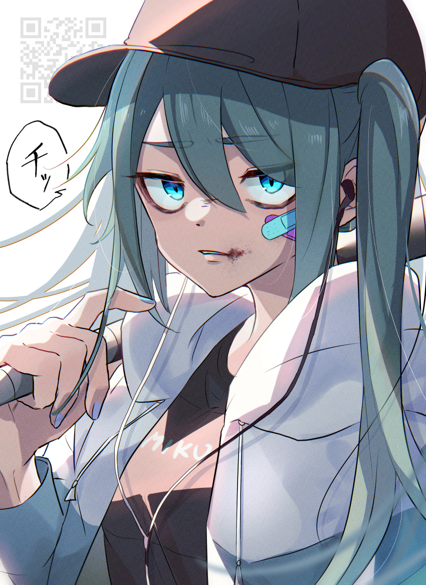 absurdres bandaid bandaid_on_face baseball_bat baseball_cap black_hat blood blue_eyes breasts character_name cleavage crossed_bandaids earbuds earphones female green_hair hair_between_eyes hanami_haru hat hatsune_miku highres holding holding_baseball_bat jacket open_clothes open_jacket purple_nails qr_code solo teeth translation_request twintails vocaloid white_jacket