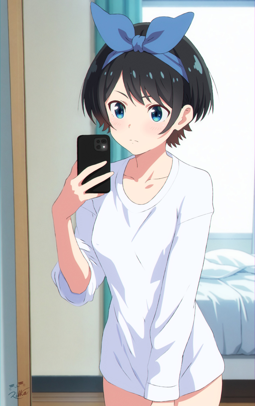 absurdres black_hair blue_eyes blue_hairband bow_hairband cellphone commission female hairband highres holding holding_phone indoors kanojo_okarishimasu long_sleeves phone pixiv_commission sarashina_ruka seasonanimes selfie shirt short_hair smartphone white_shirt