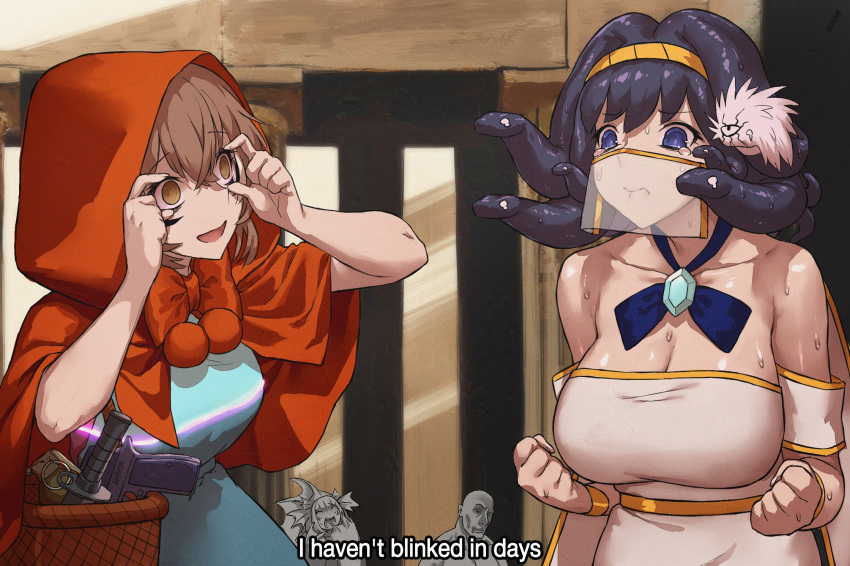 2girls alternate_costume alternate_hairstyle b.b._hood b.b._hood_(cosplay) basket breasts brown_eyes brown_hair cleavage closed_mouth commentary cosplay crying crying_with_eyes_open darkstalkers dress english_commentary english_text explosive grenade gun haraya_manawari highres hololive hololive_english huge_breasts knife looking_at_another medium_breasts medium_hair meme mouth_veil multiple_girls nanashi_mumei off-shoulder_dress off_shoulder open_mouth ouro_kronii purple_eyes purple_hair red_hood smile snake_hair staring staring_contest subtitled tearing_up tears the_rock's_eyebrow_raise_(meme) veil virtual_youtuber weapon white_dress wide-eyed