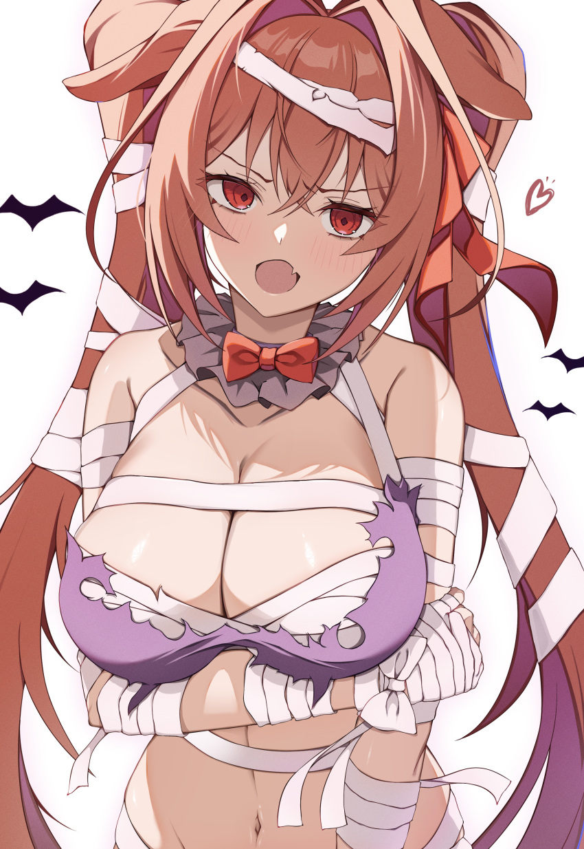 absurdres breasts brown_hair cleavage daiwa_scarlet_(umamusume) female halloween highres horse_girl large_breasts looking_at_viewer newon oerba_yun_fang open_mouth red_eyes simple_background skin_fang solo twintails umamusume upper_body white_background