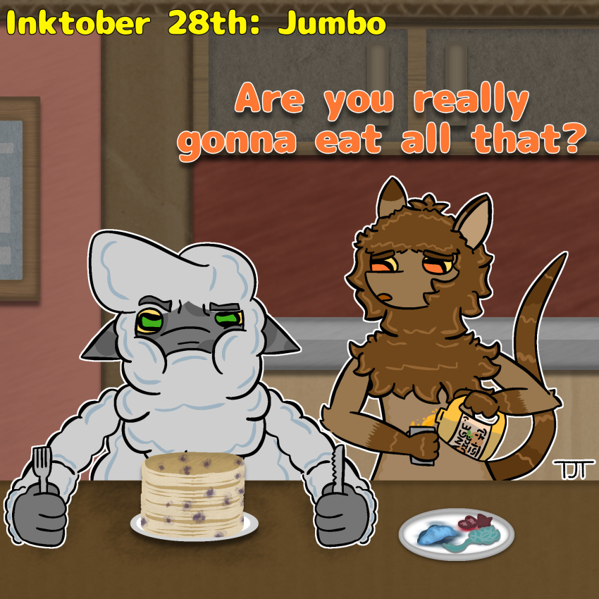 1:1 anthro detailed_background dialogue duo english_text female firon_(nopov) food fur hi_res inktober inktober_2024 juice_(beverage) male male/female mammal orange_juice pancake raila_(nopov) relyt2442 tail text the_nature_of_predators toony venlil_(the_nature_of_predators) wool_(fur) worried