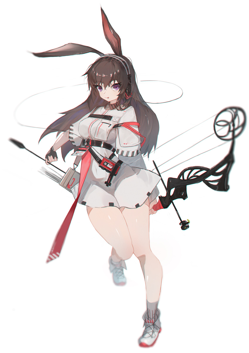 absurdres animal_ears april_(arknights) arknights asymmetrical_sleeves black_gloves bow_(weapon) breasts brown_hair compound_bow dress female fingerless_gloves full_body fuyoo gloves hair_between_eyes headphones highres holding holding_bow_(weapon) holding_weapon id_card implied_extra_ears long_hair long_sleeves looking_at_viewer purple_eyes rabbit_ears rabbit_girl smile solo uneven_sleeves weapon white_dress