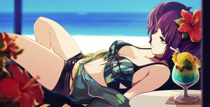 bare_shoulders bendy_straw bikini black_shorts blurry blurry_background blurry_foreground breasts commentary_request cup day depth_of_field diagonal_bangs drinking_glass drinking_straw female flower green_bikini green_jacket hair_flower hair_ornament hibiscus horizon idolmaster idolmaster_shiny_colors jacket knees_up looking_away lying medium_breasts minyom ocean off_shoulder on_back open_clothes open_jacket outdoors purple_eyes purple_hair red_flower short_shorts shorts solo_focus swimsuit tanaka_mamimi tropical_drink water