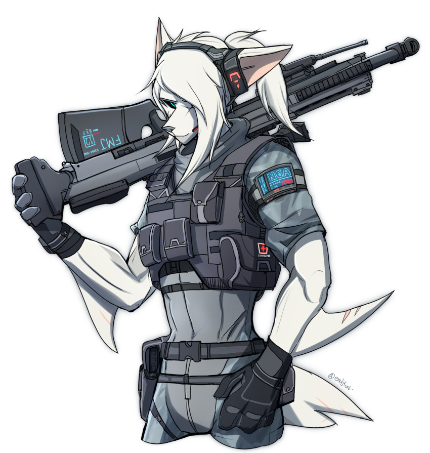 2019 akula_(endjfcar) anthro belt_pouch canid canine clothing endjfcar fish fox gloves gun hair handwear hi_res hybrid male mammal marine military military_uniform navel ponytail ranged_weapon rifle shark simple_background smile solo uniform weapon white_body white_hair