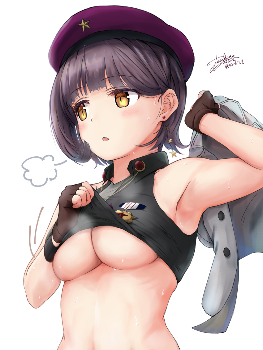 armpits asymmetrical_hair beret black_shirt blunt_bangs blush breasts breath brown_gloves carrying_over_shoulder cleavage clothes_lift collared_shirt commentary_request ear_piercing earrings eyelashes female fingerless_gloves girls'_frontline gloves hat highres jacket jewelry lifting_own_clothes medium_breasts midriff military military_uniform navel open_mouth piercing purple_hair purple_hat shirt shirt_lift short_hair sigh signature simple_background sleeveless sleeveless_shirt solo star_(symbol) star_earrings steaming_body sweat twitter_username type_92_(girls'_frontline) underboob uniform unworn_jacket upper_body white_background yellow_eyes yukinoshiro