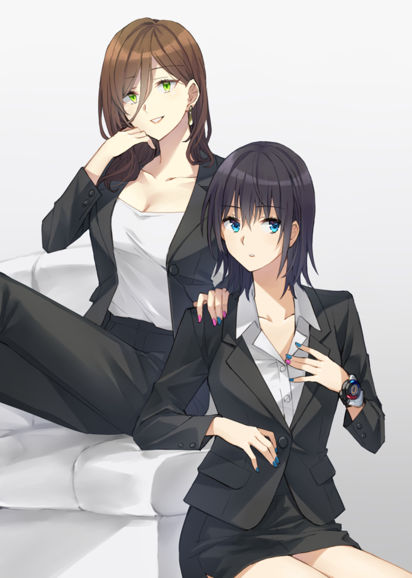 2girls black_hair black_jacket black_pants black_skirt blue_eyes blue_nails blush breasts brown_hair cleavage collarbone collared_shirt commentary_request dress_shirt formal green_eyes grey_background hair_between_eyes hand_on_another's_shoulder hero-san_to_moto_onna_kanbu-san highres honey_trap_(hero-san_to_moto_onna_kanbu-san) honjou_hayate jacket long_hair long_sleeves looking_at_viewer medium_breasts multicolored_nails multiple_girls nail_polish open_clothes open_jacket pant_suit pants parted_lips pencil_skirt pink_nails shirt simple_background sitting skirt skirt_suit smile somechime_(sometime1209) suit watch white_shirt wristwatch