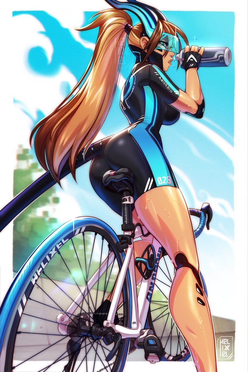 android artist_name ass bicycle bodysuit bottle breasts brown_hair cloud commentary day english_commentary female fingerless_gloves gloves helixel highres holding holding_bottle large_breasts long_hair mountain_bicycle open_mouth original outdoors ponytail riding riding_bicycle short_sleeves sky solo tail teeth water_bottle watermark