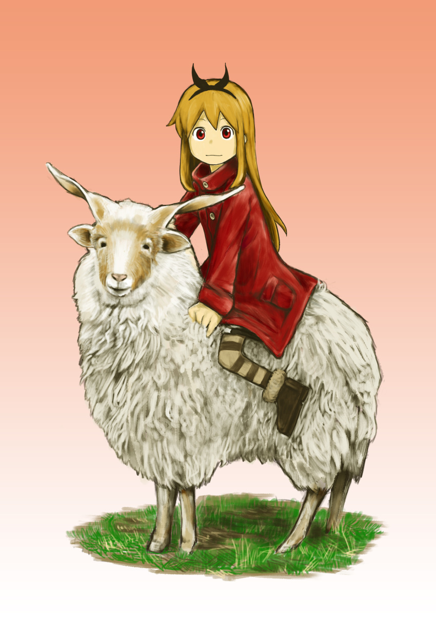 absurdres black_footwear black_hairband blonde_hair dress female gradient_background grass hairband highres long_hair long_sleeves looking_at_viewer pantyhose red_background red_dress red_eyes riding ryushika ryushika_ryushika sheep smile solo striped_clothes striped_pantyhose white_background yasu_(shijimi_8)